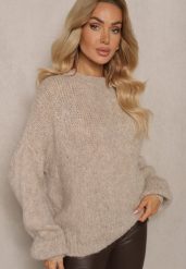 Beżowy Klasyczny Sweter z Wełną i Wiskozą o Luźnym Kroju Omethea. Brązowe swetry klasyczne damskie Renee, z jeansu, bez kołnierzyka. Za 189.99 zł.