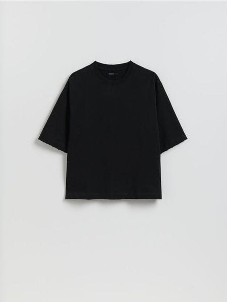 Bawełniany t-shirt boxy - czarny. Czarne t-shirty męskie Reserved, l, bez wzorów, z bawełny, bez kołnierzyka. Za 79.99 zł.