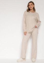 Jasnobeżowy Komplet Dzianinowy z Bawełną i Wełną Spodnie i Warkoczowy Sweter Errela. Brązowe swetry klasyczne damskie Born2be, uniwersalny, z bawełny, bez kołnierzyka. Za 139.99 zł.