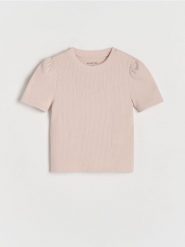 Dzianinowy T-shirt - beżowy. Brązowe koszulki dziewczęce Reserved, bez wzorów, z dzianiny, bez ramiączek. W wyprzedaży za 25.99 zł.