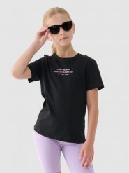 4F T-shirt z nadrukiem dziewczęcy - czarny 128 (7-8 lat). Czarne koszulki dziewczęce 4f, bez wzorów, z bawełny, bez ramiączek. W wyprzedaży za 19.99 zł.