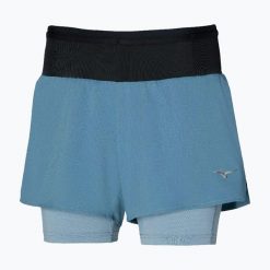 Spodenki do biegania damskie Mizuno Trail ER 2IN1. Niebieskie szorty damskie Mizuno, bez wzorów, sportowe. Za 159.99 zł.