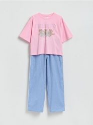 Dwuczęściowa piżama z nadrukiem - niebieski. Niebieskie piżamy damskie Reserved, l, bez wzorów, z bawełny, bez ramiączek. Za 139.99 zł.