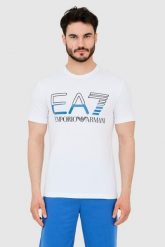 EA7 T-shirt męski biały z dużym czarnym logo. Białe t-shirty męskie EA7 Emporio Armani, m, bez wzorów, bez kołnierzyka. W wyprzedaży za 249.99 zł.