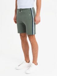 Męskie dresowe szorty z lampasami i ściągaczem w pasie – oliwkowe V2 OM-SRSK-0156 - XXL. Zielone szorty męskie Ombre Clothing, z bawełny, bez kołnierzyka. W wyprzedaży za 59.99 zł.