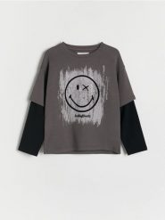 Koszulka SmileyWorld® - ciemnoszary. Szare koszulki dziewczęce Reserved, bez wzorów, z bawełny, bez ramiączek. W wyprzedaży za 39.99 zł.