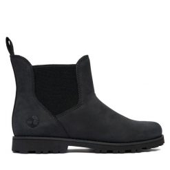Sztyblety Timberland. Czarne botki damskie Timberland, bez obcasa, na płaskiej podeszwie, bez zapięcia. Za 319.99 zł.