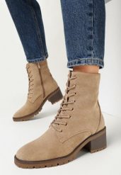 Ciemnobeżowe Sznurowane Botki na Słupku Kleoa. Brązowe botki damskie Born2be, eleganckie, bez obcasa, na obcasie, bez zapięcia. Za 129.99 zł.