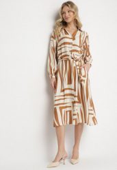 Beżowa Sukienka Koszulowa z Wiskozą w Geometryczny Wzór Wiązana w Talii Ninalora. Brązowe sukienki damskie Born2be, na co dzień, l, bez wzorów, z wiskozy, eleganckie, bez kołnierzyka, bez ramiączek, midi, koszulowe. W wyprzedaży za 119.99 zł.
