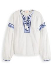 Scotch & Soda Bluzka w kolorze biało-niebieskim rozmiar: 34. Białe bluzki damskie Scotch & Soda, bez wzorów, z bawełny, bez kołnierzyka, bez ramiączek. Za 118.56 zł.