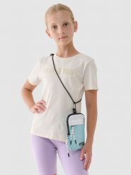 4F T-shirt z nadrukiem dziewczęcy - beżowy 140 (9-10 lat). Brązowe koszulki dziewczęce 4f, bez wzorów, z bawełny, bez ramiączek. W wyprzedaży za 19.99 zł.