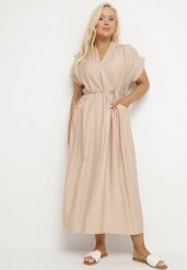 Beżowa Wiskozowa Sukienka Pudełkowa z Cienkim Paskiem i Kieszeniami Lumivorae. Brązowe sukienki damskie Born2be, na co dzień, plus size, bez wzorów, z wiskozy, eleganckie, bez kołnierzyka, plus size, bez ramiączek, maxi, proste. Za 79.99 zł.