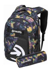 Plecak na laptopa z paskami na deskorolkę - Dark Aquarel Meatfly + piórnik. Niebieskie plecaki damskie Meatfly, bez wzorów, z materiału, biznesowe. Za 237.99 zł.