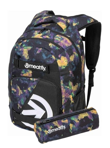 Plecak na laptopa z paskami na deskorolkę - Dark Aquarel Meatfly + piórnik. Niebieskie plecaki damskie Meatfly, bez wzorów, z materiału, biznesowe. Za 237.99 zł.