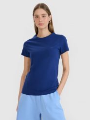 4F T-shirt slim gładki damski - granatowy XS. Niebieskie t-shirty damskie 4f, xs, bez wzorów, z bawełny, bez kołnierzyka. Za 39.99 zł.