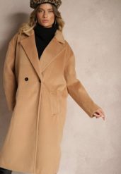 Ciemnobeżowy Klasyczny Płaszcz o Dwurzędowym Kroju z Kieszeniami Malwilina. Brązowe płaszcze damskie Renee, l, z aplikacjami, z jeansu, eleganckie. Za 179.99 zł.