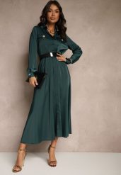 Zielona Satynowa Sukienka w Stylu Szmizjerki z Imitacjami Kieszeni i Paskiem Vaminay. Zielone sukienki damskie Renee, l, bez wzorów, z satyny, eleganckie, bez kołnierzyka, bez ramiączek, maxi, kopertowe. Za 99.99 zł.