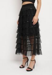Czarna Spódnica Maxi o Rozkloszowanym Fasonie Ozdobiona Falbankami i Cekinami Meepa. Czarne spódniczki damskie Born2be, m, bez wzorów, z materiału, maxi, rozkloszowane. Za 79.99 zł.