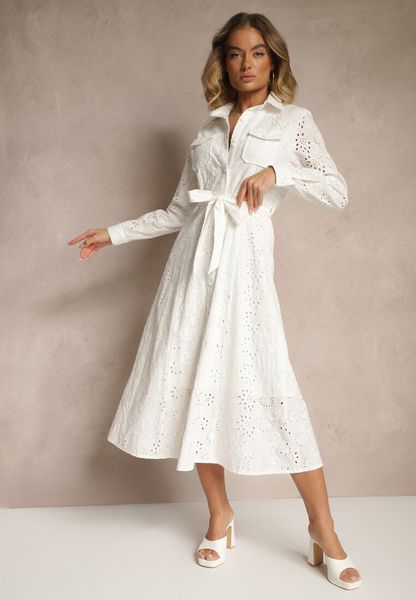 Biała Ażurowa Sukienka z Bawełny Ozdobiona Paskiem Novenelle. Białe sukienki damskie Renee, na spotkanie biznesowe, na wiosnę, l, w ażurowe wzory, z bawełny, bez kołnierzyka, bez ramiączek, maxi. Za 139.99 zł.