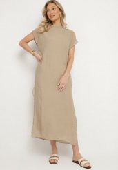 Beżowa Sukienka Pudełkowa Ozdobiona Wiązaniem Napelira. Brązowe sukienki damskie Born2be, na co dzień, l, bez wzorów, z jeansu, eleganckie, bez kołnierzyka, bez ramiączek, maxi. W wyprzedaży za 87.99 zł.