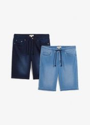 Bermudy dresowo-dżinsowe o kroju regular fit z wygodnym paskiem w talii (2 szt.). Niebieskie szorty męskie bonprix, bez wzorów, z dresówki. Za 84.99 zł.