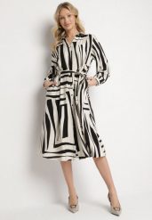 Czarna Sukienka Koszulowa z Wiskozą w Geometryczny Wzór Wiązana w Talii Ninalora. Czarne sukienki damskie Born2be, na co dzień, l, bez wzorów, z wiskozy, eleganckie, bez kołnierzyka, bez ramiączek, midi, koszulowe. W wyprzedaży za 119.99 zł.