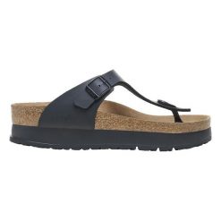 Sandały Birkenstock Gizeh Flex Platform czarne. Czarne sandały damskie Birkenstock, bez wzorów, z materiału, bez obcasa, na platformie. Za 425.35 zł.