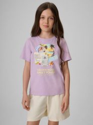 4F T-shirt regular z nadrukiem dziewczęcy - fioletowy 158 (12-13 lat). Fioletowe koszulki dziewczęce 4f, bez wzorów, z bawełny, bez ramiączek. Za 49.99 zł.