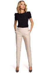 Beżowe Eleganckie Spodnie Rurki z Eko-skóry. Brązowe spodnie materiałowe damskie MOE, bez wzorów, z elastanu, eleganckie. Za 213.90 zł.
