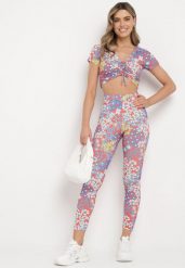 Czerwono-Niebieski Komplet 2-Częściowy w Kwiatowy Print Top ze Sznurkiem i Legginsy Naerisande. Czerwone legginsy damskie Born2be, l, bez wzorów. Za 64.99 zł.
