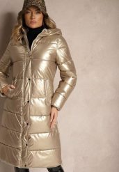 Złota Metaliczna Kurtka Zimowa o Długim Kroju z Pikowaniem Worfezi. Żółte kurtki damskie Renee, na zimę, l, z aplikacjami, z jeansu, bez kaptura. Za 249.99 zł.