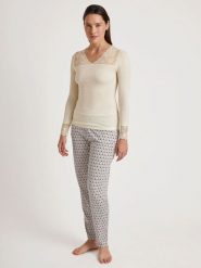 Calida Wełniana koszulka w kolorze beżowym rozmiar: S. Brązowe bluzki damskie Calida, s, bez wzorów, z koronki, bez kołnierzyka, bez ramiączek. Za 139.20 zł.