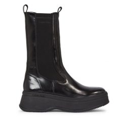 Sztyblety Calvin Klein. Czarne botki damskie CALVIN KLEIN, bez obcasa, na koturnie, bez zapięcia. Za 1,079.00 zł.