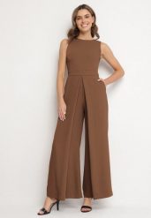 Brązowy Kombinezon Bez Rękawów z Szerokimi Nogawkami i Kieszeniami Veleldia. Brązowe kombinezony damskie Born2be, m, bez wzorów, eleganckie, bez kołnierzyka, bez ramiączek. Za 149.99 zł.