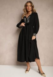 Czarna Sukienka Rozkloszowana z Wiskozą Zdobiona Haftem i Wiązana w Talii Ninalisa. Czarne sukienki damskie Renee, na co dzień, l, z aplikacjami, z wiskozy, eleganckie, bez kołnierzyka, bez ramiączek, maxi, kopertowe. W wyprzedaży za 118.99 zł.
