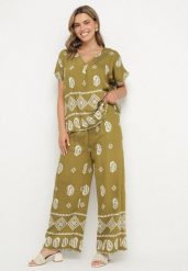 Zielono-Biały Bawełniany Komplet Koszula i Szerokie Spodnie w Stylu Boho Ollirive. Zielone koszule damskie Born2be, z aplikacjami, z bawełny, boho. Za 64.99 zł.