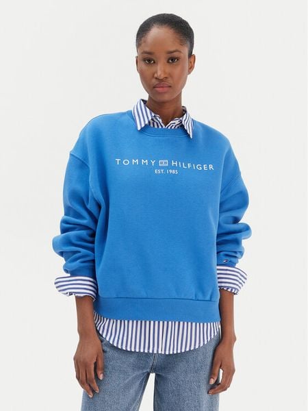 Tommy Hilfiger Bluza Corp Logo WW0WW47831 Niebieski Regular Fit. Niebieskie bluzy bez kaptura damskie Tommy Hilfiger, xl, z bawełny. Za 369.99 zł.