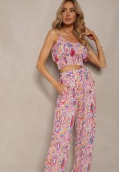 Różowy Wiskozowy Komplet Boho Krótki Top na Ramiączkach Długie Spodnie z Nogawkami Palazzo Miteri. Czerwone spodnie materiałowe damskie Renee, bez wzorów, z wiskozy, boho. Za 59.99 zł.