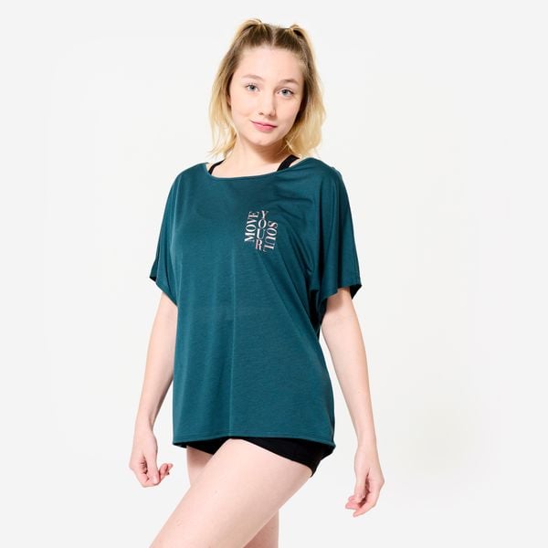 Koszulka z krótkim rękawem do tańca nowoczesnego damska Starever. Niebieskie bluzki damskie DOMYOS, xs, bez wzorów, z lyocellu, bez kołnierzyka. Za 64.99 zł.