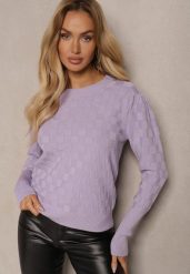 Jasnofioletowy Sweter z Modalem i Wiskozą Ozdobiony Tłoczeniem Liliti. Fioletowe swetry klasyczne damskie Renee, m, z jeansu, bez kołnierzyka. Za 69.99 zł.