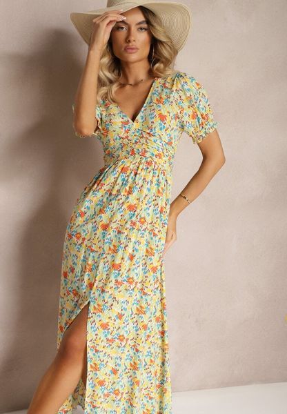 Pomarańczowa Wiskozowa Sukienka Wykończona Marszczeniem Rozcięciem na Nogę i Gumką w Pasie Missalene. Brązowe sukienki damskie Renee, na lato, l, bez wzorów, z wiskozy, eleganckie, bez kołnierzyka, bez ramiączek, maxi. Za 89.99 zł.