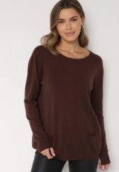 Brązowy Sweter z Kaszmirem i Ozdobnymi Kieszeniami Sanarea. Brązowe swetry klasyczne damskie Born2be, z jeansu, bez kołnierzyka. Za 89.99 zł.