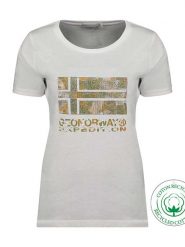 Geographical Norway Koszulka "Jwild" w kolorze białym rozmiar: XL. Białe bluzki damskie Geographical Norway, xl, bez wzorów, z bawełny, bez kołnierzyka, bez ramiączek. Za 48.28 zł.