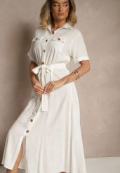 Biała Sukienka z Lnu i Wiskozy o Koszulowym Fasonie Weolara. Białe sukienki damskie Renee, na spotkanie biznesowe, na lato, l, bez wzorów, z materiału, eleganckie, bez kołnierzyka, bez ramiączek, maxi, dopasowane. W wyprzedaży za 104.99 zł.