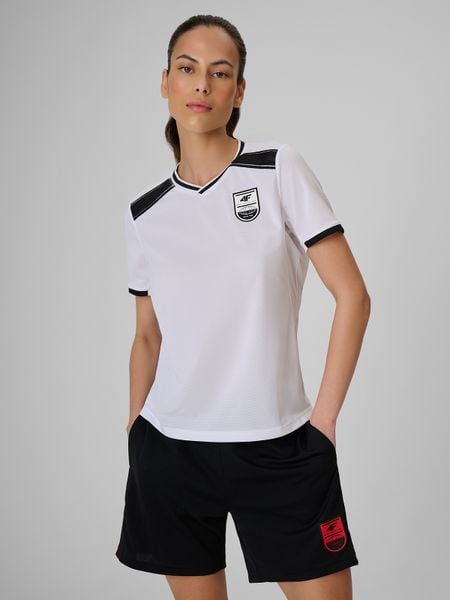4F Koszulka piłkarska regular szybkoschnąca damska - biała L. Białe bluzki sportowe damskie 4f, l, z materiału, bez kołnierzyka, bez ramiączek. Za 119.99 zł.