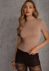 Beżowy Wiskozowy T-shirt o Dopasowanym Kroju z Golfem Isomina. Brązowe t-shirty damskie Renee, m, bez wzorów, z materiału, bez kołnierzyka. Za 69.99 zł.