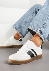 Białe Sneakersy Typu Tenisówki Ozdobione Paskami Amolana. Białe trampki i tenisówki damskie Renee, bez wzorów, z jeansu. Za 74.99 zł.
