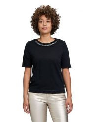 CARTOON Koszulka w kolorze czarnym rozmiar: 40. Czarne bluzki damskie Cartoon, z aplikacjami, z bawełny, bez kołnierzyka. Za 104.39 zł.