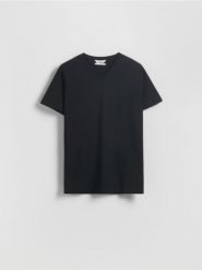 T-shirt slim z dekoltem V - czarny. Czarne t-shirty męskie Reserved, l, bez wzorów, z bawełny, bez kołnierzyka. Za 49.99 zł.