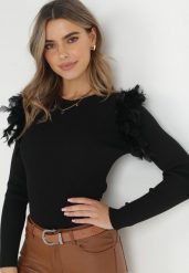 Czarny Sweter z Piórami i Koralikami Feco. Czarne swetry klasyczne damskie Born2be, z dzianiny, bez kołnierzyka. Za 119.99 zł.